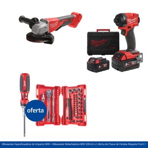 Milwaukee Aparafusadora de impacto M18 + Milwaukee Rebarbadora M18 125mm c/ oferta de Chave de Fendas Roquete 9 em 1